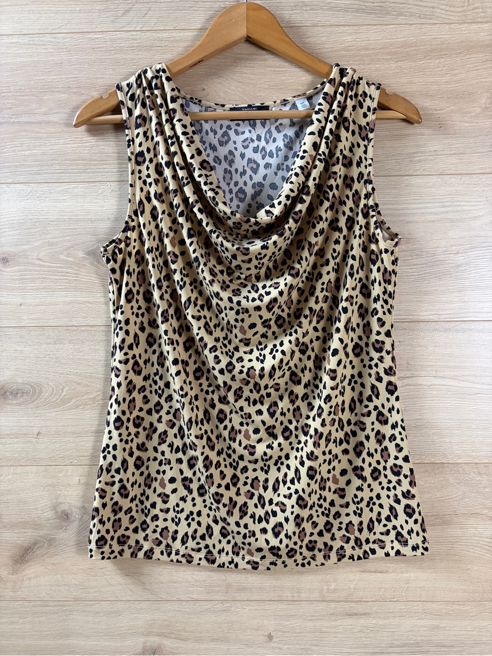 Tahari Sleeveless Leopard Print Cowl Neck Top - Beige Brown Small